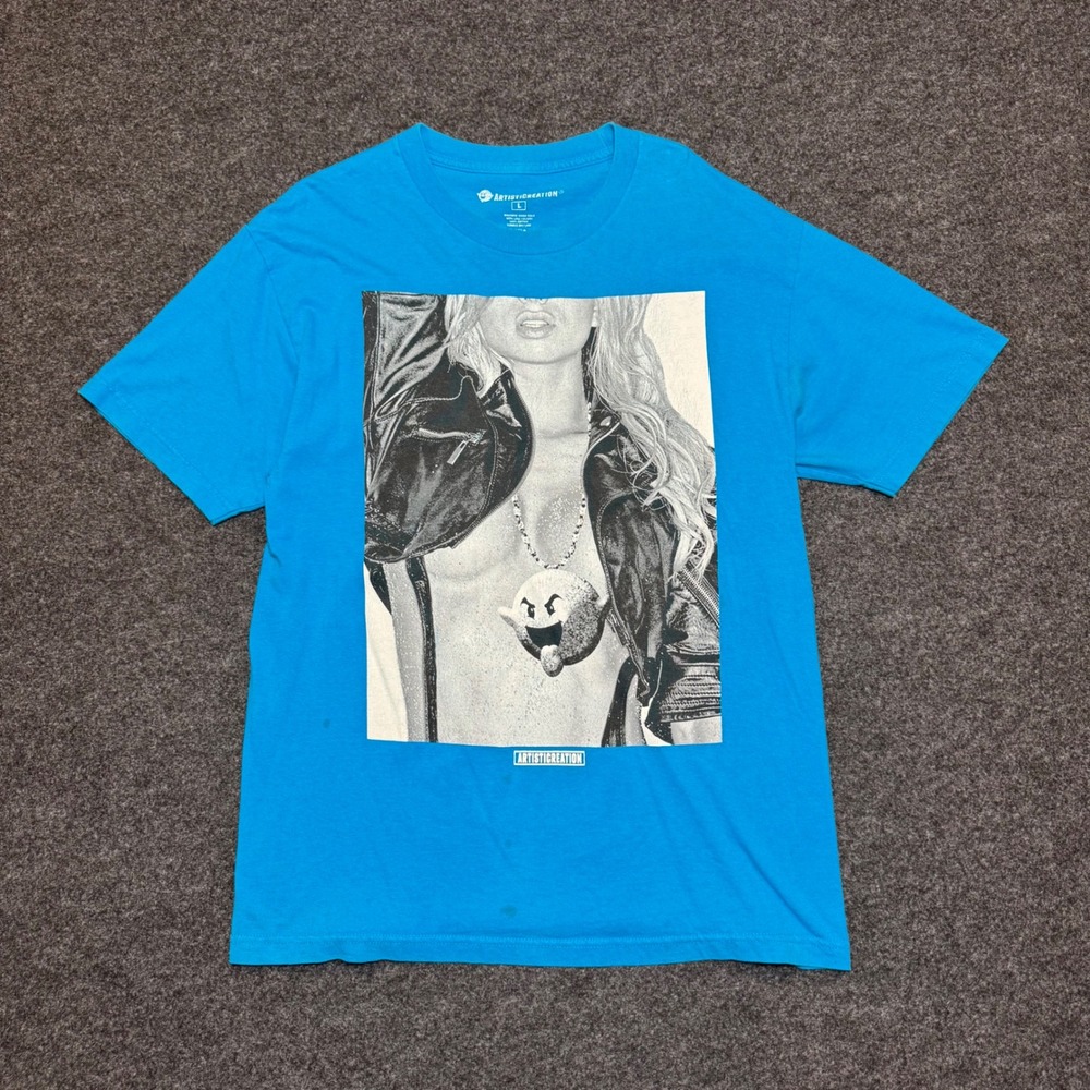 Artisticreation Mens Graphic T-Shirt Blue Large Ghost Leather Jacket Cotton